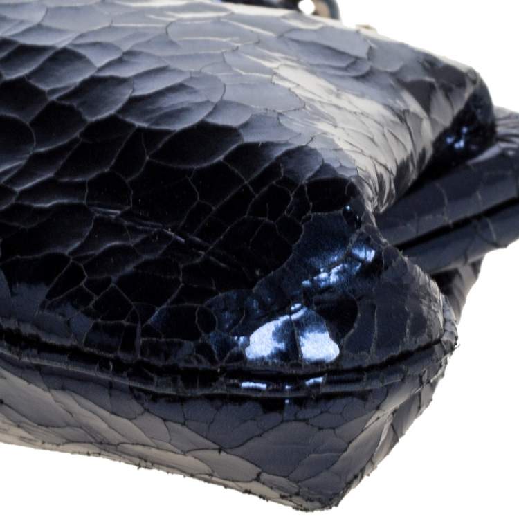 Pre Owned Anya Hindmarch Metallic Blue Ceramic Effect Leather Kiss Lock Clutch 