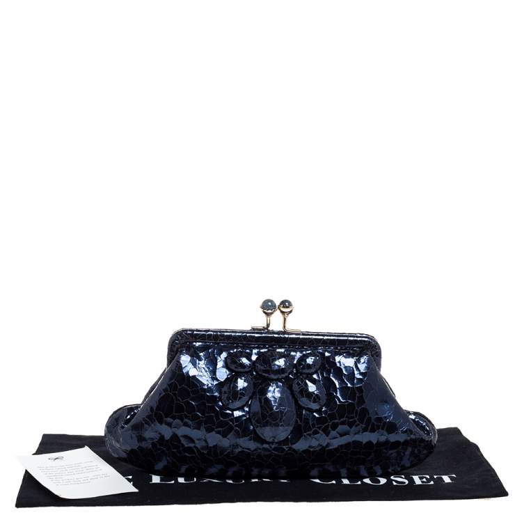 Pre Owned Anya Hindmarch Metallic Blue Ceramic Effect Leather Kiss Lock Clutch 