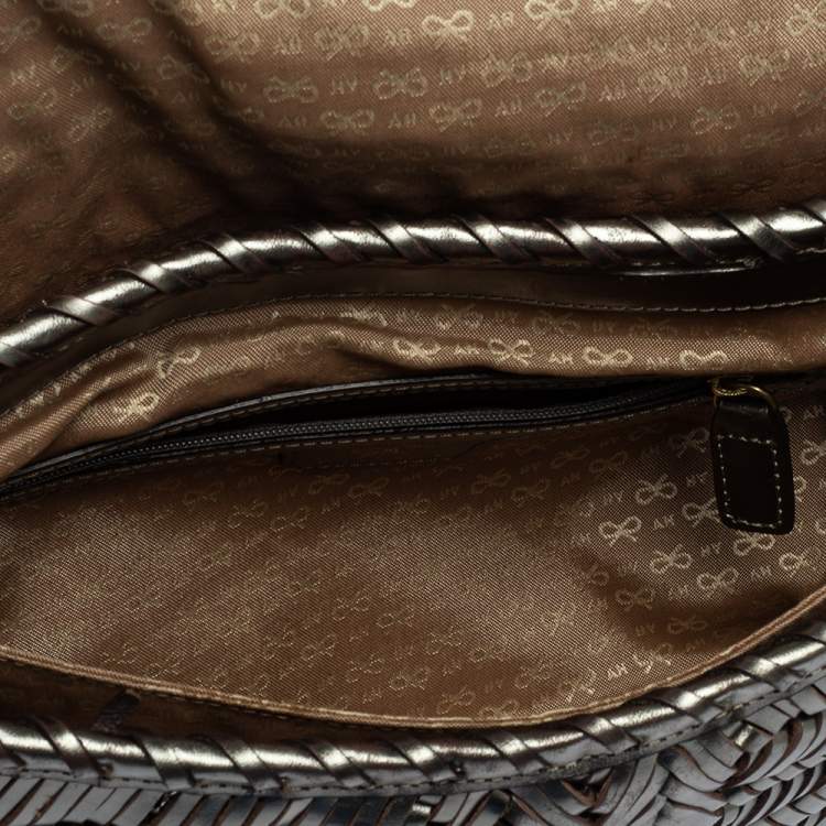 Pre Owned Anya Hindmarch Metallic Grey Woven Leather Flap Hobo