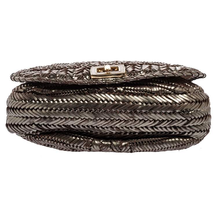 Pre Owned Anya Hindmarch Metallic Grey Woven Leather Flap Hobo