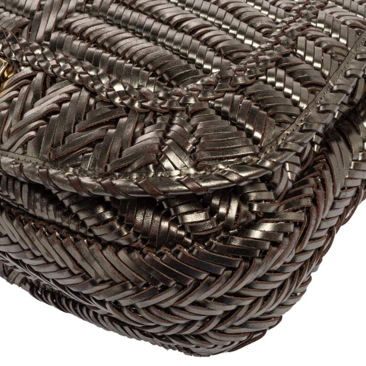 Pre Owned Anya Hindmarch Metallic Grey Woven Leather Flap Hobo