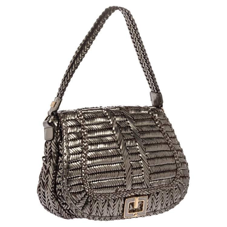 Pre Owned Anya Hindmarch Metallic Grey Woven Leather Flap Hobo