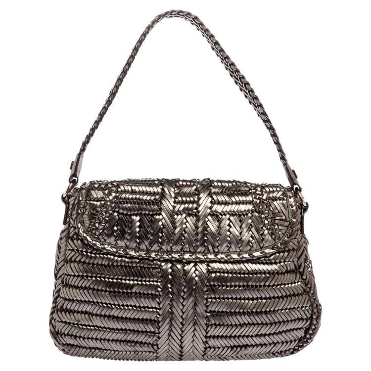 Pre Owned Anya Hindmarch Metallic Grey Woven Leather Flap Hobo