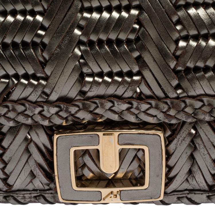 Pre Owned Anya Hindmarch Metallic Grey Woven Leather Flap Hobo
