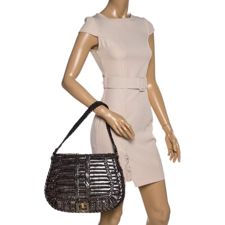 Pre Owned Anya Hindmarch Metallic Grey Woven Leather Flap Hobo