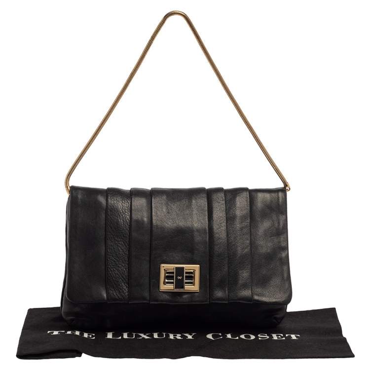 Pre Owned Anya Hindmarch Black Leather Flap Pochette Bag