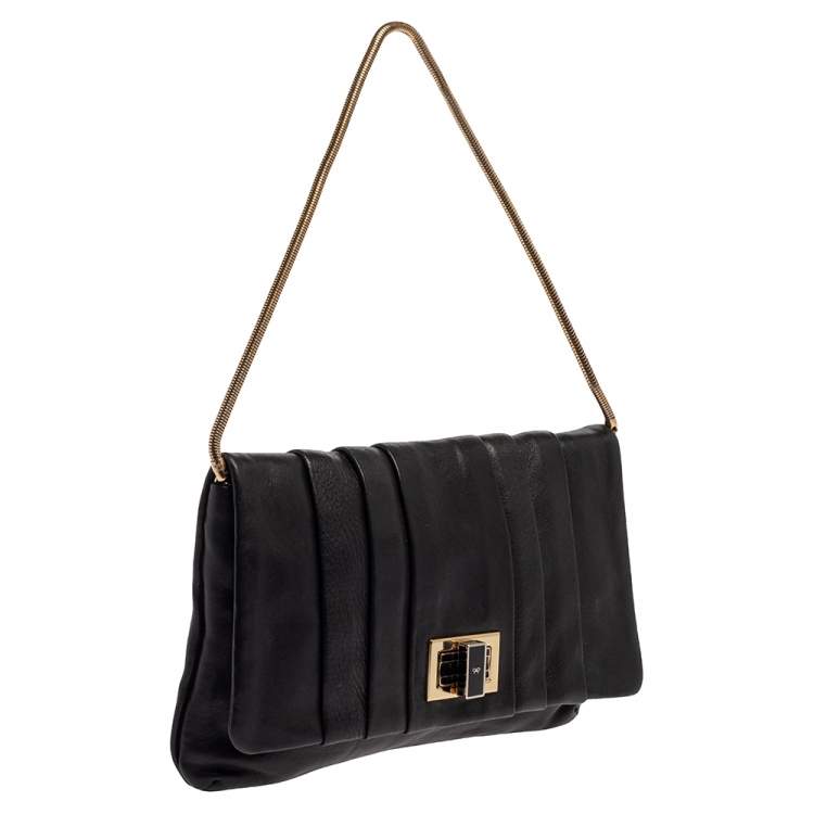 Pre Owned Anya Hindmarch Black Leather Flap Pochette Bag