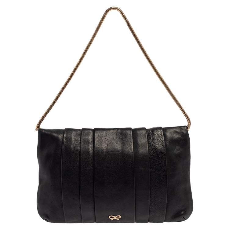 Pre Owned Anya Hindmarch Black Leather Flap Pochette Bag