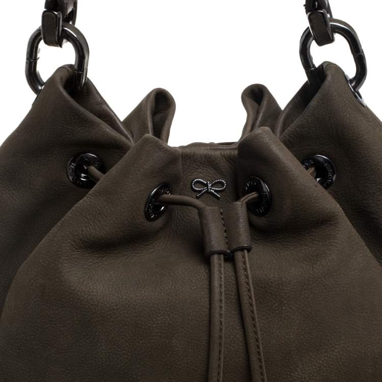 Pre Owned Anya Hindmarch Olive Green Leather Rhodes Bucket Bag