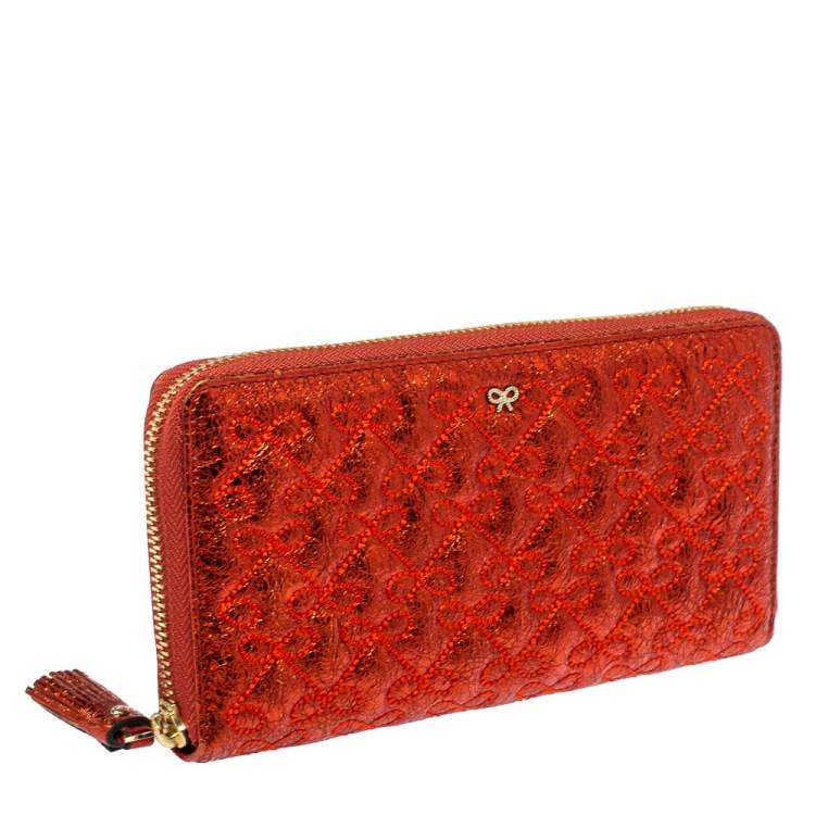 Pre Owned Anya Hindmarch Metallic Orange Textured Embossed Leather Zip Around Wallet