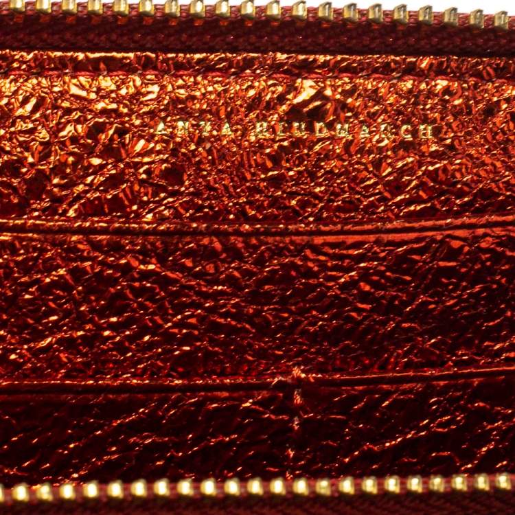 Pre Owned Anya Hindmarch Metallic Orange Textured Embossed Leather Zip Around Wallet