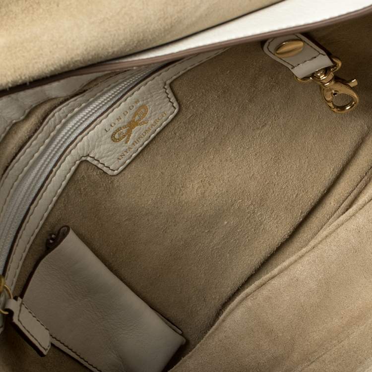Pre Owned Anya Hindmarch White Leather Studded Flap Top Handle Bag
