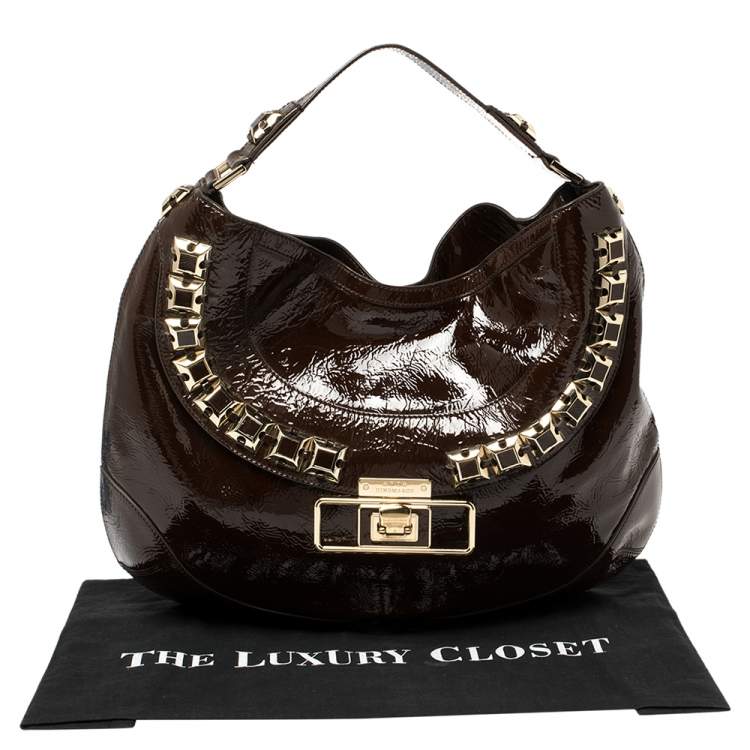 Pre Owned Anya Hindmarch Dark Brown Patent Leather Studded Hobo