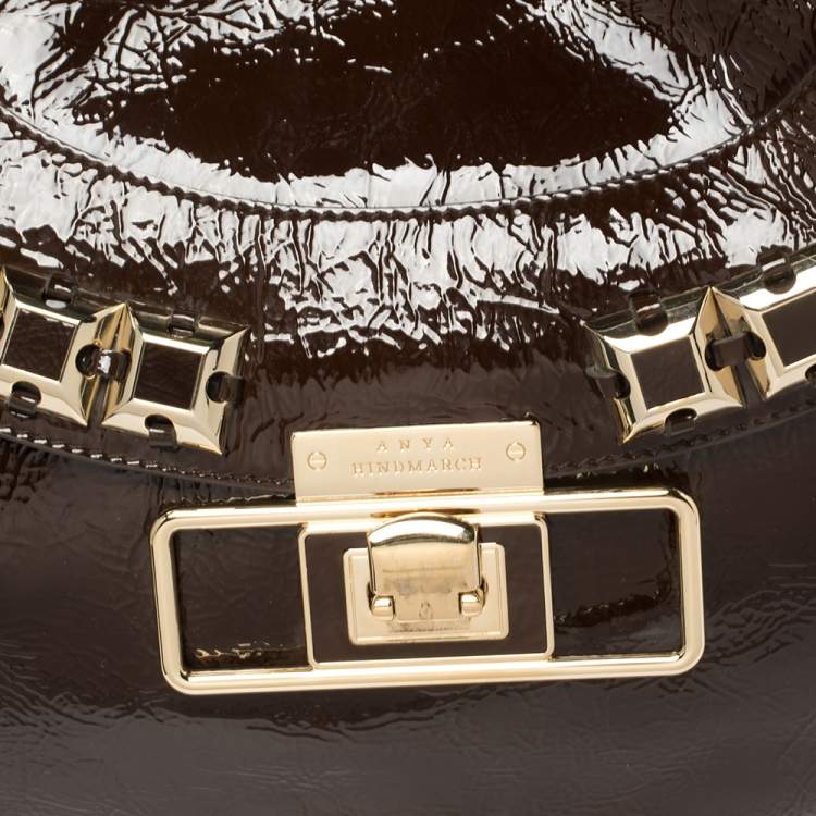 Pre Owned Anya Hindmarch Dark Brown Patent Leather Studded Hobo