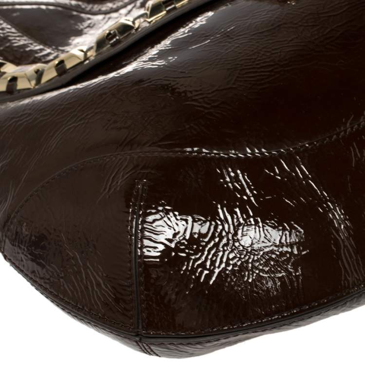 Pre Owned Anya Hindmarch Dark Brown Patent Leather Studded Hobo