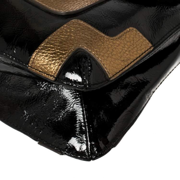 Pre Owned Anya Hindmarch Black/Gold Patent And Leather Flap Shoulder Bag