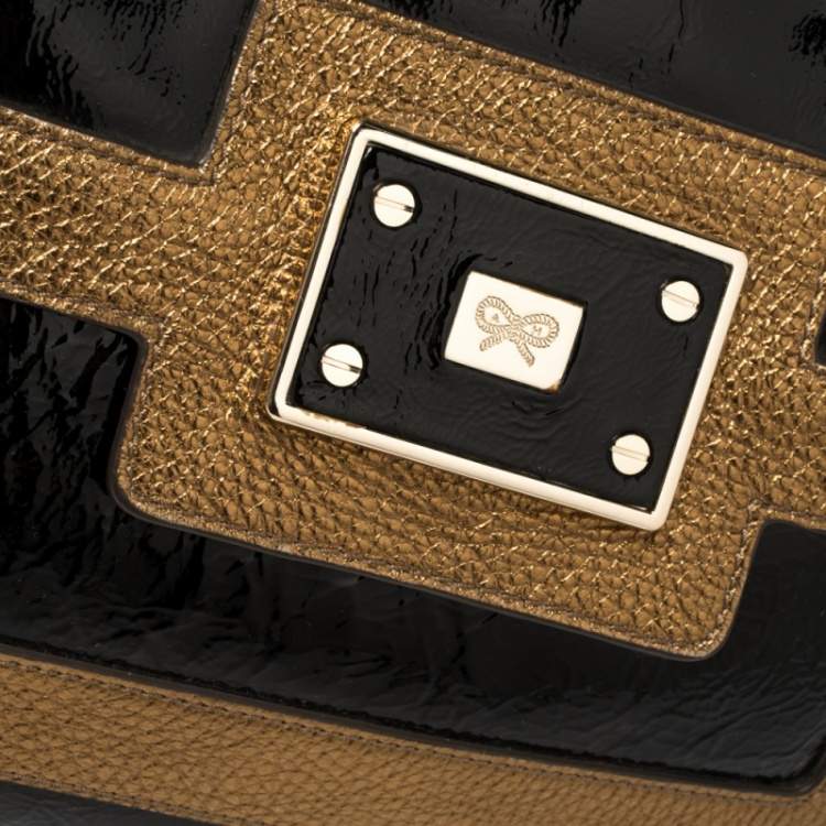 Pre Owned Anya Hindmarch Black/Gold Patent And Leather Flap Shoulder Bag