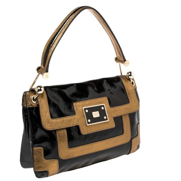 Pre Owned Anya Hindmarch Black/Gold Patent And Leather Flap Shoulder Bag