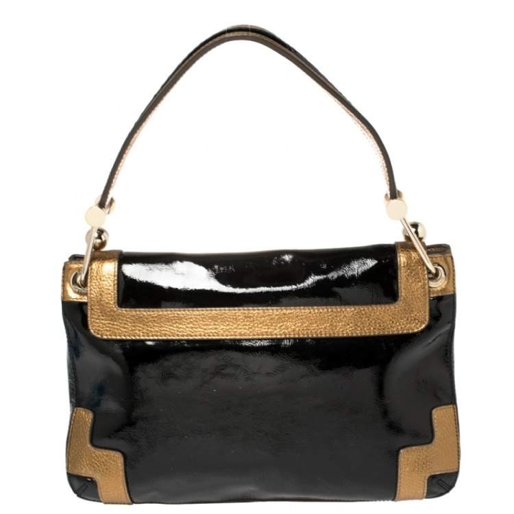 Pre Owned Anya Hindmarch Black/Gold Patent And Leather Flap Shoulder Bag