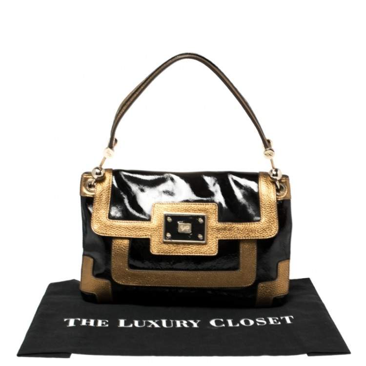 Pre Owned Anya Hindmarch Black/Gold Patent And Leather Flap Shoulder Bag