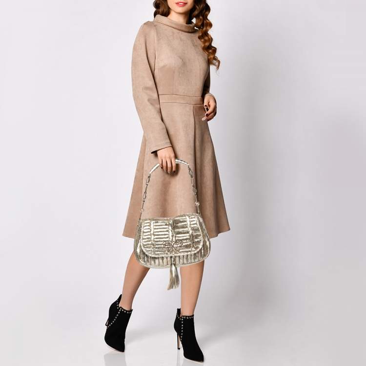 Pre Owned Anya Hindmarch Metallic Gold Woven Leather Shoulder Bag