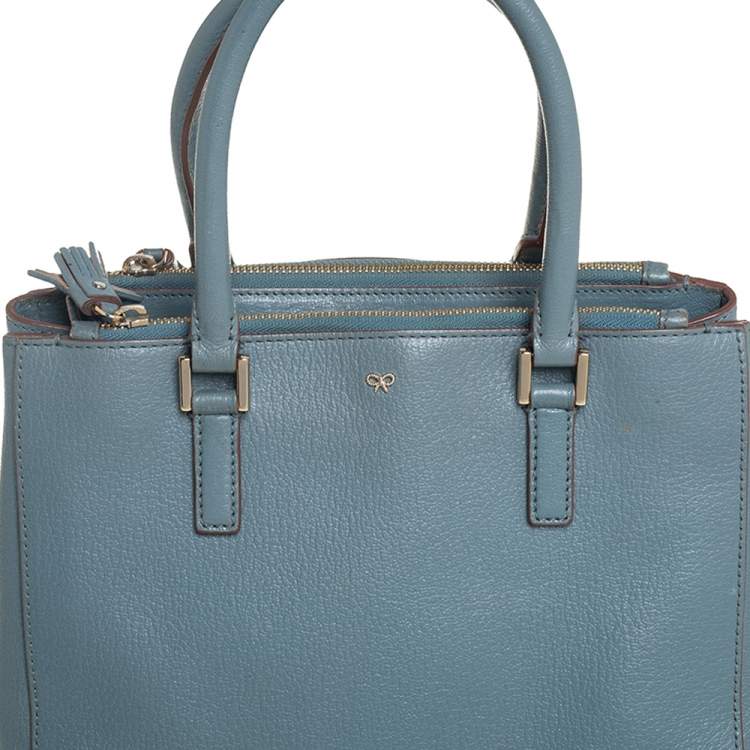 Pre Owned Anya Hindmarch Stone Blue Leather Double Zip Tote