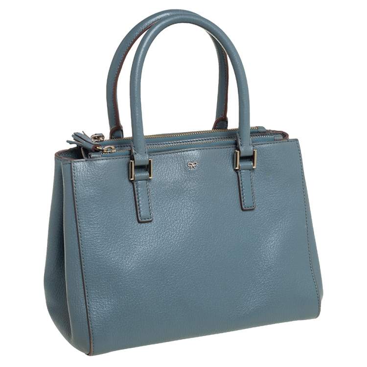 Pre Owned Anya Hindmarch Stone Blue Leather Double Zip Tote