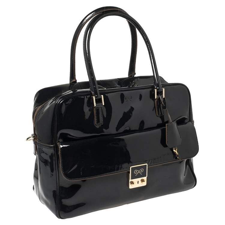 Pre Owned Anya Hindmarch Navy Blue Patent Leather Carker Satchel