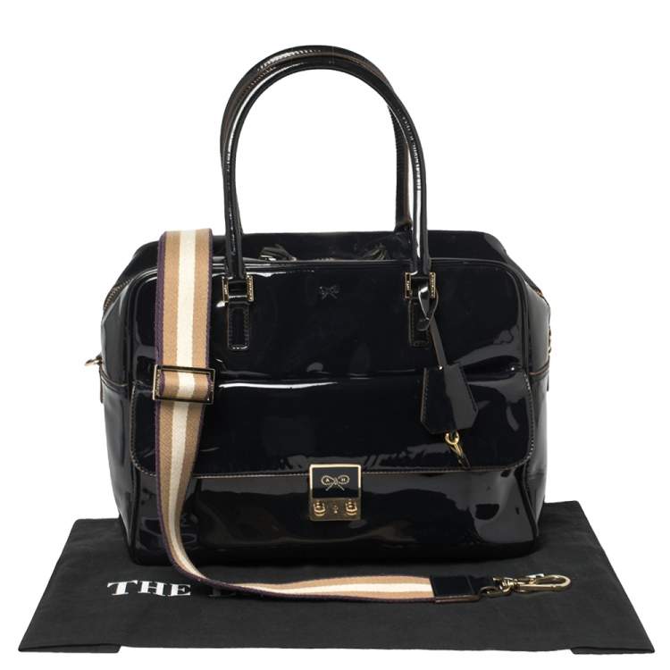 Pre Owned Anya Hindmarch Navy Blue Patent Leather Carker Satchel