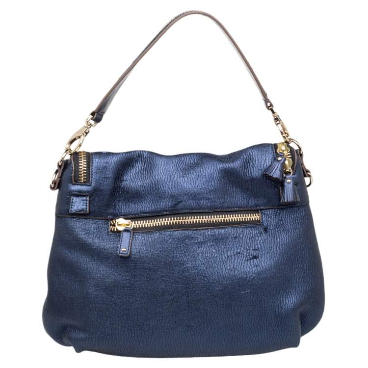 Pre Owned Anya Hindmarch Navy Blue Holographic Textured Leather Shoulder Bag