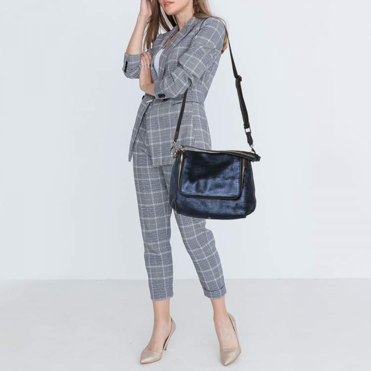 Pre Owned Anya Hindmarch Navy Blue Holographic Textured Leather Shoulder Bag