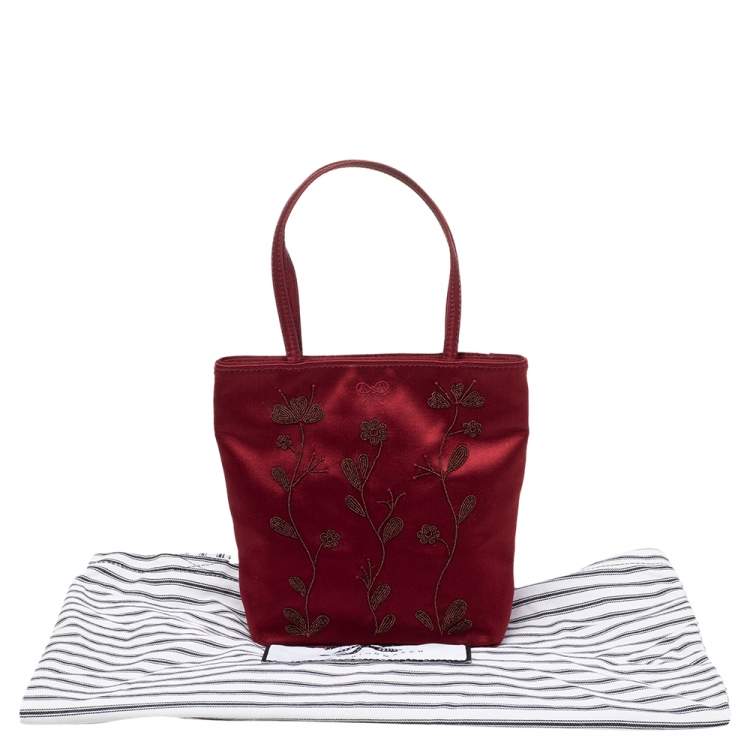 Pre Owned Anya Hindmarch Burgundy Embroidered Satin Tote