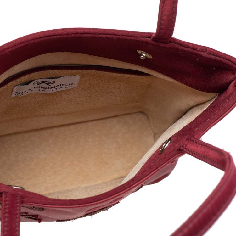 Pre Owned Anya Hindmarch Burgundy Embroidered Satin Tote