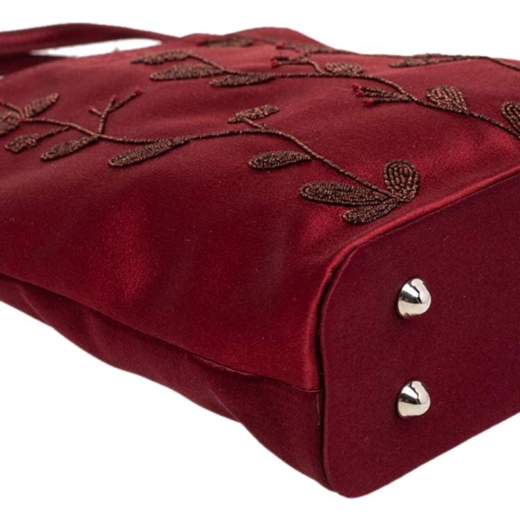 Pre Owned Anya Hindmarch Burgundy Embroidered Satin Tote