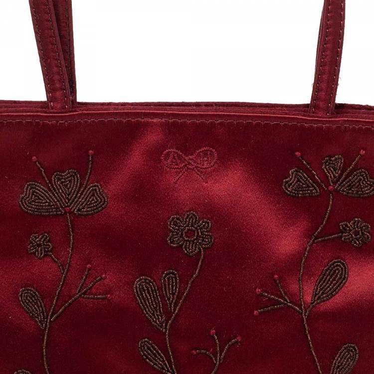 Pre Owned Anya Hindmarch Burgundy Embroidered Satin Tote