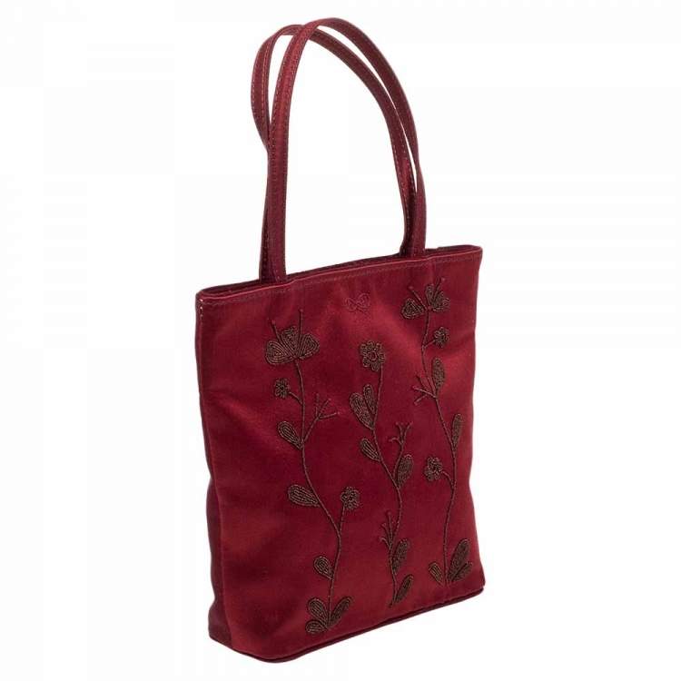 Pre Owned Anya Hindmarch Burgundy Embroidered Satin Tote