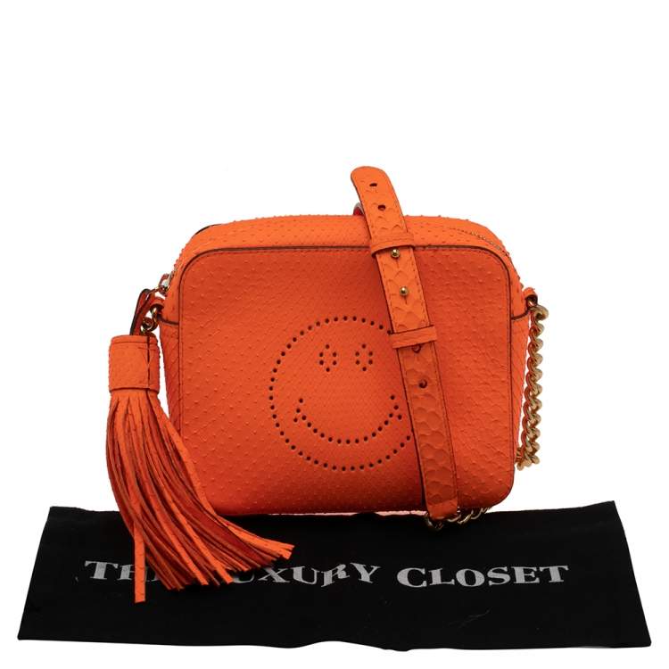 Pre Owned Anya Hindmarch Neon Orange Python Smiley Crossbody Bag