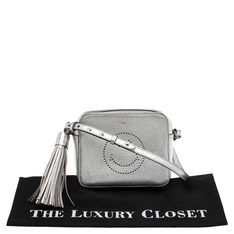 Pre Owned Anya Hindmarch Silver Leather Smiley Crossbody Bag 