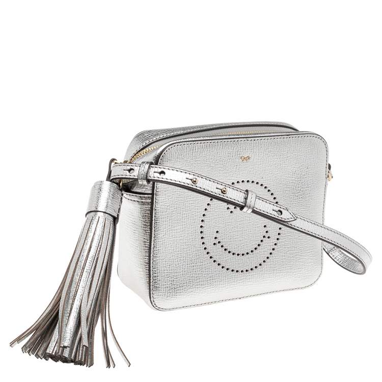 Pre Owned Anya Hindmarch Silver Leather Smiley Crossbody Bag 