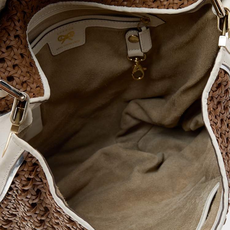 Pre Owned Anya Hindmarch White/Brown Leather Bowery Woven Flap Shoulder Bag