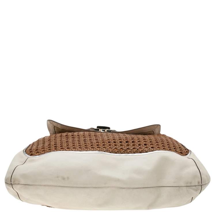 Pre Owned Anya Hindmarch White/Brown Leather Bowery Woven Flap Shoulder Bag