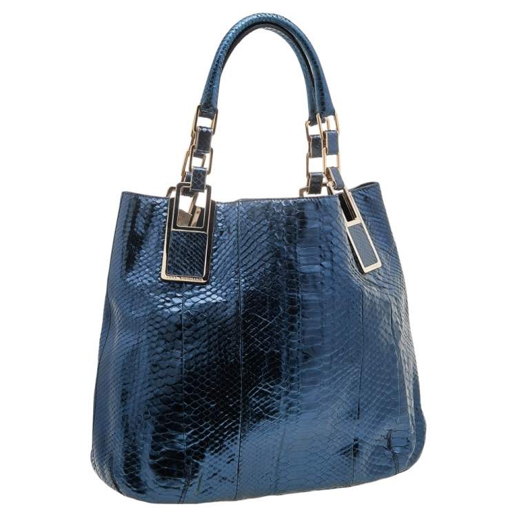 Pre Owned Anya Hindmarch Metallic Blue Python Hector Tote