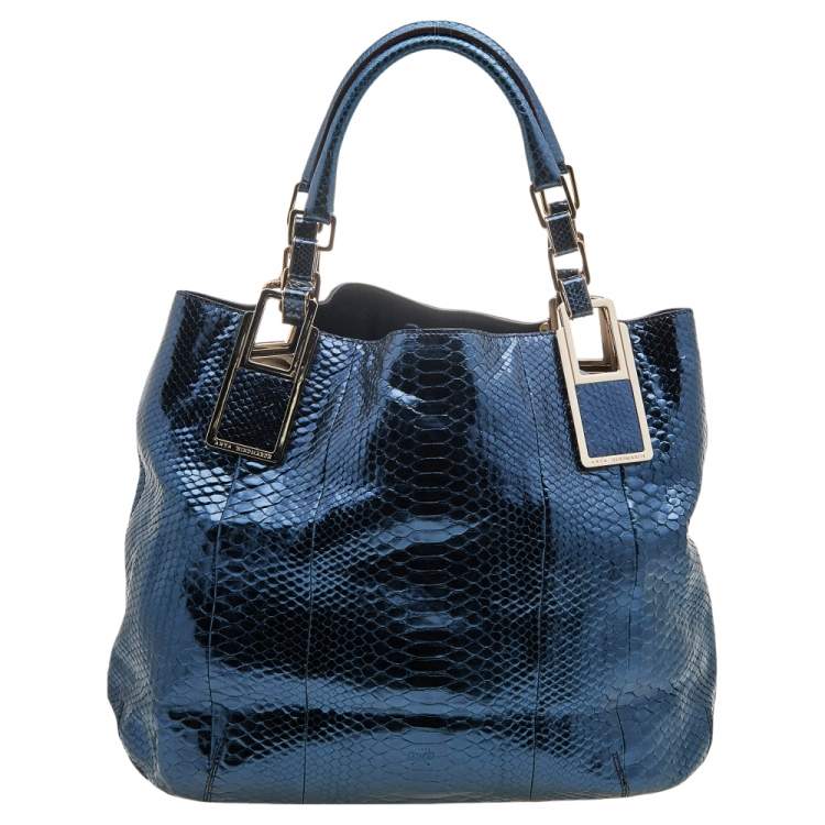 Pre Owned Anya Hindmarch Metallic Blue Python Hector Tote