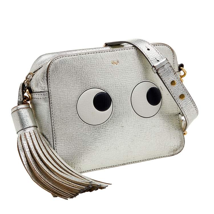 Pre Owned Anya Hindmarch Metallic Silver Leather Eyes Crossbody Bag