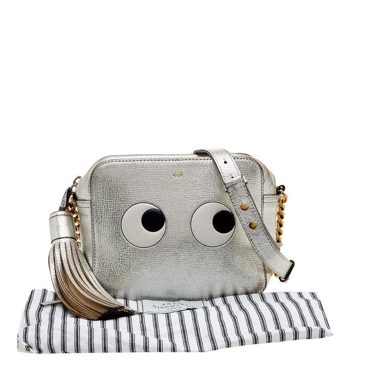 Pre Owned Anya Hindmarch Metallic Silver Leather Eyes Crossbody Bag
