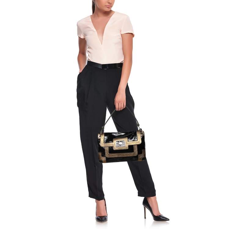 Pre Owned Anya Hindmarch Black/Gold Patent Leather And Leather Flap Shoulder Bag