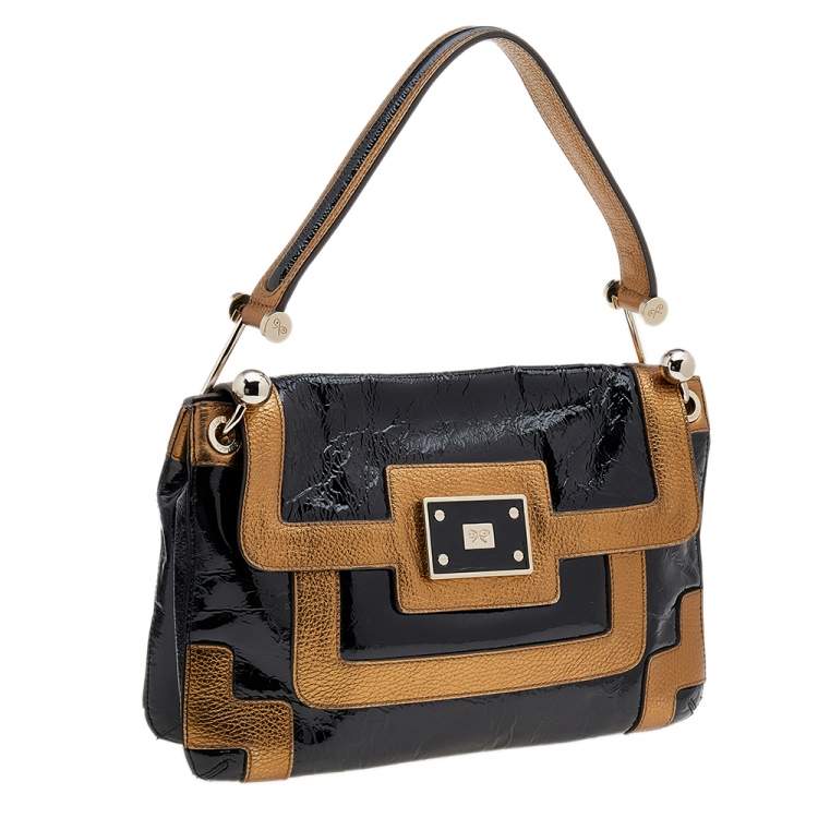 Pre Owned Anya Hindmarch Black/Gold Patent Leather And Leather Flap Shoulder Bag