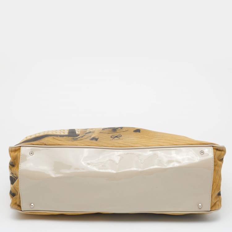 Pre Owned Anya Hindmarch Beige Printed Fabric And Patent Leather Tote