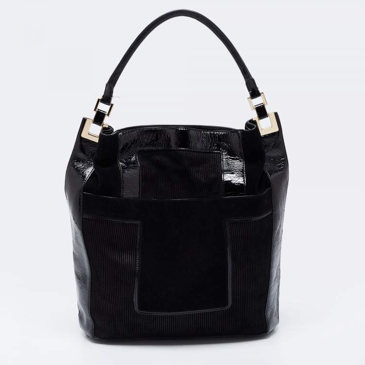 Pre Owned Anya Hindmarch Black Patent Leather and Suede Pushlock Pocket Tote