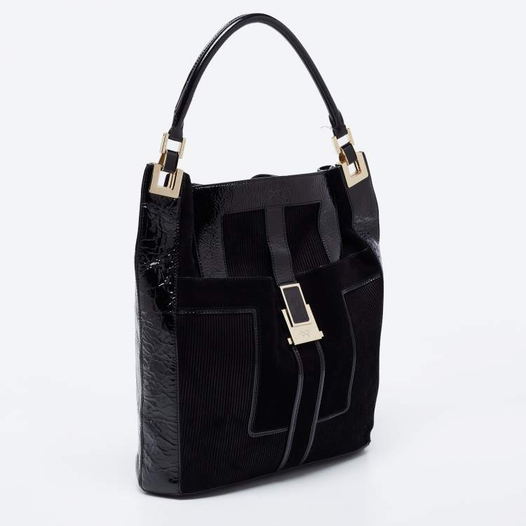 Pre Owned Anya Hindmarch Black Patent Leather and Suede Pushlock Pocket Tote